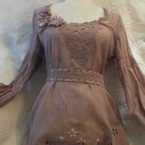 Vintage Embroidered Romantic Long Sleeve Top in Lilac with Beaded Belt by Patric